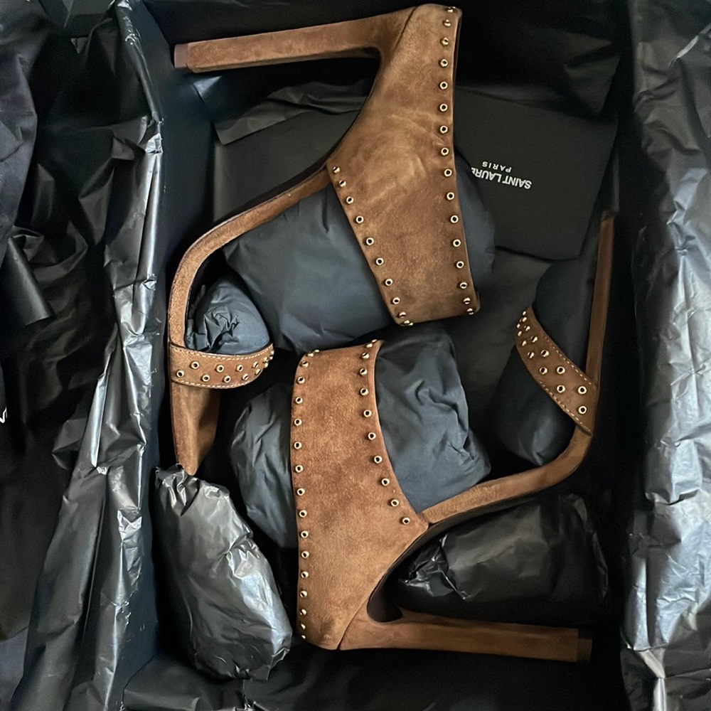 Yves Saint Laurent Brown Suede Mules with Studded Details - Picture 4 of 4